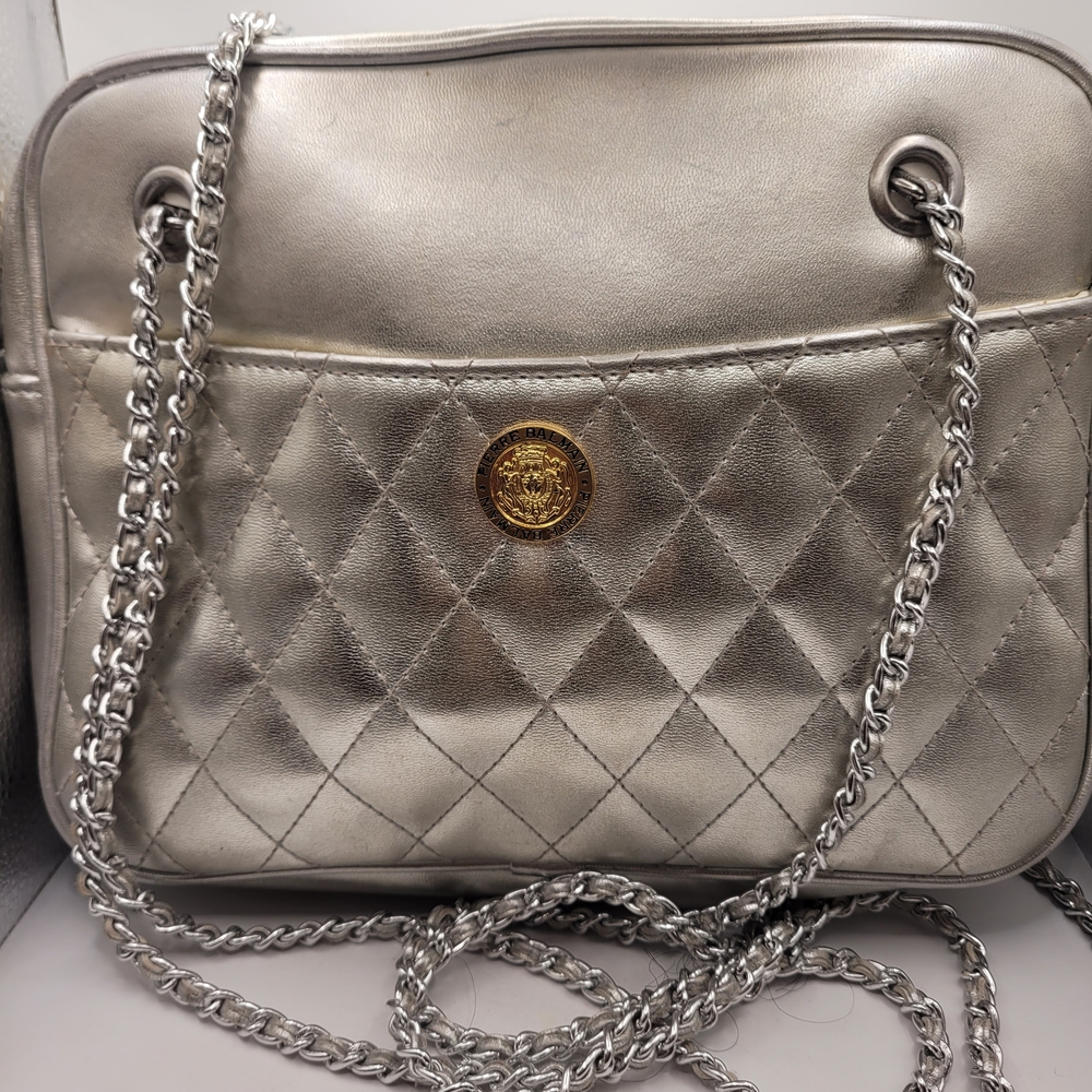 Balmain Silver Quilted Shoulder Bag with Chain Straps